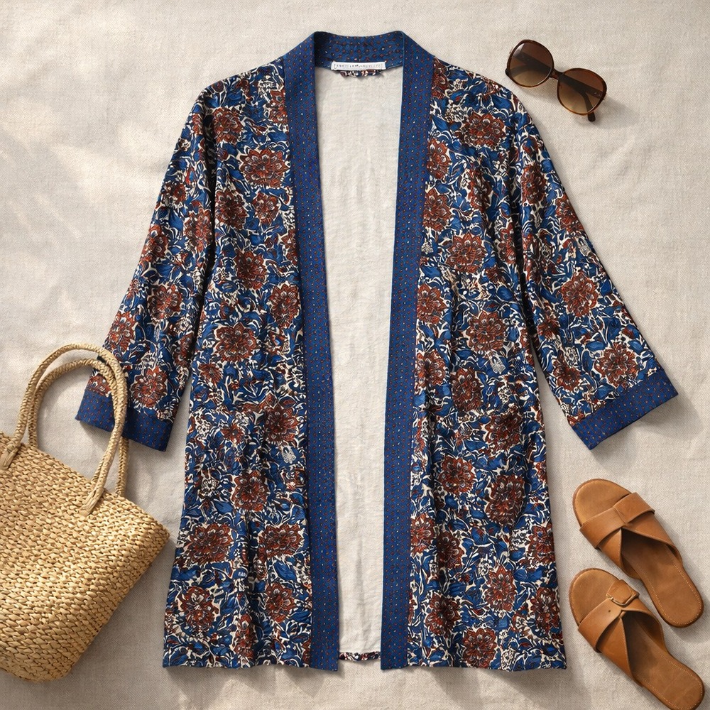 Peruvian Connection Pima Cotton Floral‎ Kimono Robe Duster Cardigan XL Pockets